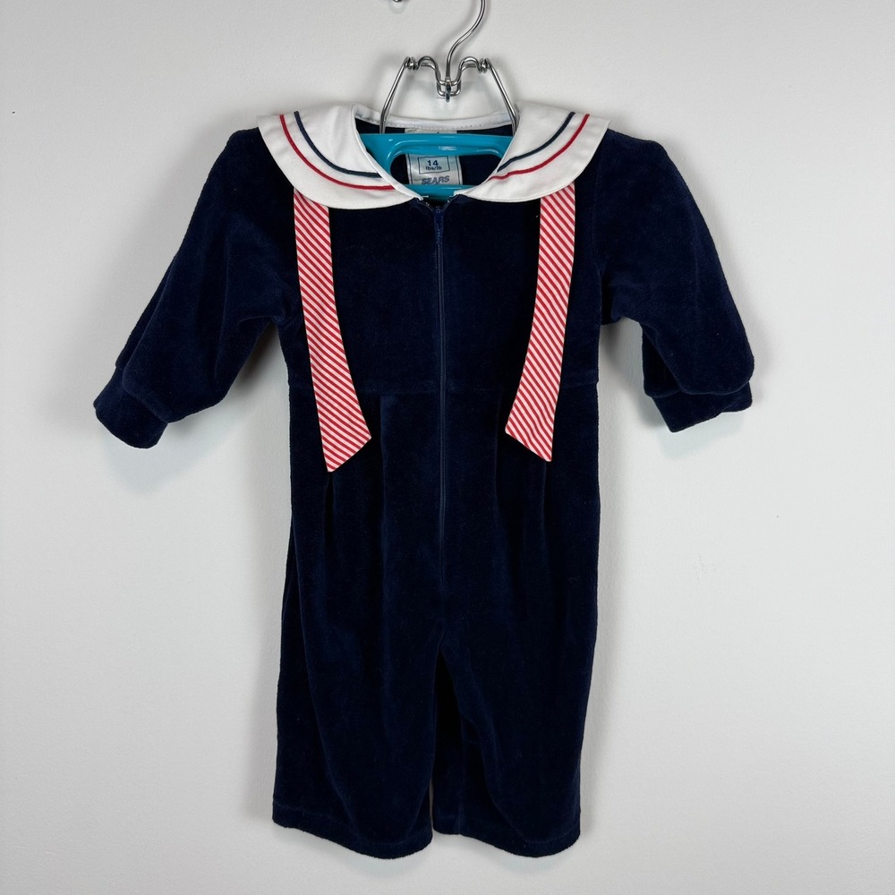 Vintage Sears Navy Blue Velour Sailor Romper Nautical Red White Stripe 14 lbs